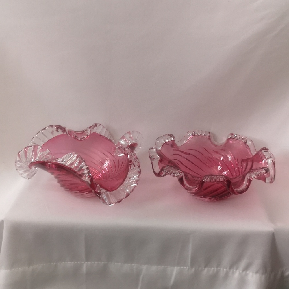 Two Vintage Cranberry Glass Bowls w Silvercrest Edge, Two Designs Matching Swirl